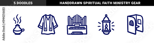 Religious church elements and worship symbols for spiritual branding. Naive marker sketch illustrations featuring pipe organ and confessional booth.