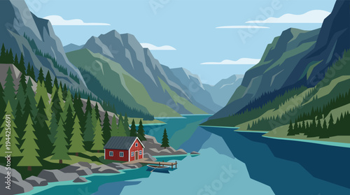 Scenic illustration of a red cabin nestled near a fjord lake, with mountains in the background, creating a peaceful and tranquil atmosphere, ideal for travel and nature-themed projects.