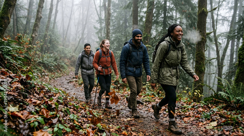 A group of people hiking on a forest path, enjoying the serene ambiance of the woods. The people are laughing and smiling as they walk, suggesting a shared experience