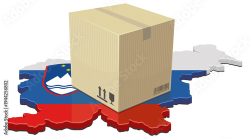 3D isometric map of Slovenia with national flag colors and a cardboard delivery box representing logistics, global trade, and e-commerce distribution, (cut out)