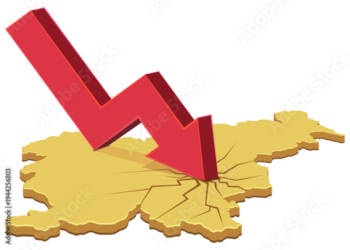 3D isometric map of Slovenia with a red arrow crashing into the ground, representing economic recession, bankruptcy, and financial decline, (cut out)