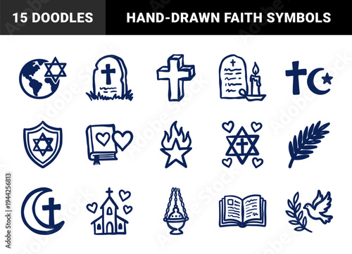 Hand-drawn religious and spiritual symbols for interfaith projects. Naive marker sketch illustrations of crosses and stars for branding.