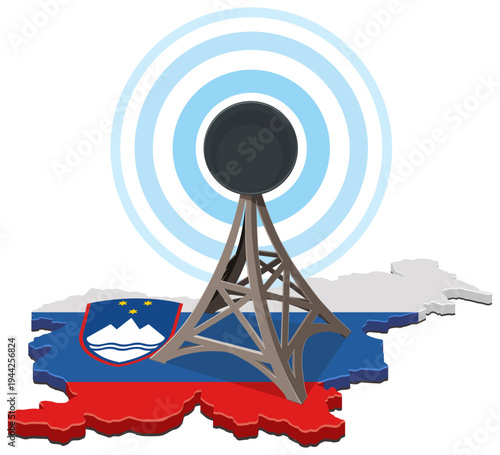 3D isometric map of Slovenia with flag colors and a telecommunication tower emitting radio waves representing 5G, broadcasting, and national connectivity, (cut out)