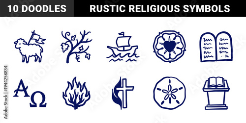 Hand-drawn Christian religious symbols for church branding. Rustic blue marker sketch illustrations with Luther rose and biblical motifs.