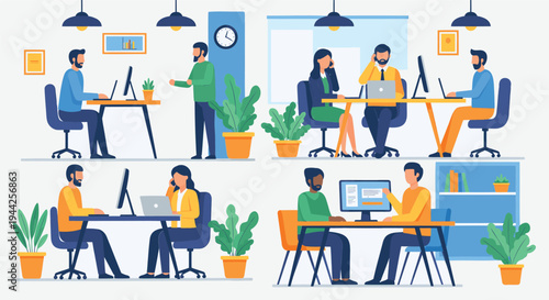 A vibrant office scene with people working at desks