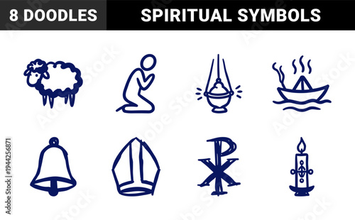 Hand-drawn Christian religious symbols in a naive blue marker sketch style for spiritual branding. Rustic elements including lamb, bell, and mitre.
