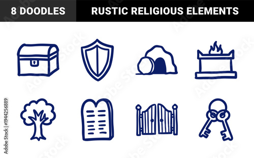 Biblical story elements for spiritual design. Rustic naive marker sketch with resurrection tomb, stone tablets, altar, and heavenly gates.