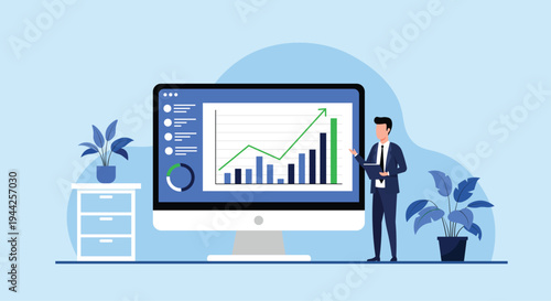 Business Growth Analytics with Financial Chart on Computer – Data Analysis Flat Vector Illustration