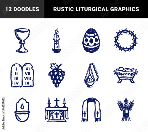 Christian liturgical symbols for spiritual branding. Naive blue marker sketch drawings of church sacraments and biblical elements.