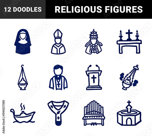 Catholic church religious elements and clergy figures for spiritual branding. Hand-drawn naive doodle illustrations featuring pope and nun.