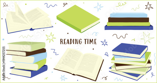 Reading time hand drawn book vector set with open books, closed books and stacked piles. Editable reading illustrations isolated on transparent background for education, library graphics, stationery.