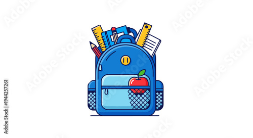 Blue Backpack with Books and Apple.