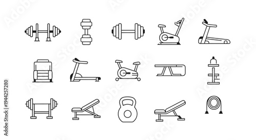 Collection of Fitness Equipment Icons Outlined.