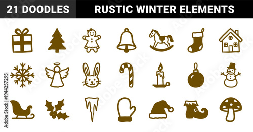 Rustic hand-drawn Christmas elements for seasonal branding. Naive marker sketch illustrations featuring festive winter holiday ornaments.