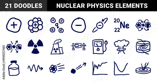 Nuclear physics and atomic energy elements for educational materials. Naive marker sketch illustrations featuring radiation, isotopes, and fission concepts.