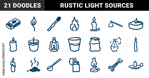 Fire and light elements for organic branding. Crude marker sketch illustrations of candles, matches, and lanterns in a naive hand-drawn style.