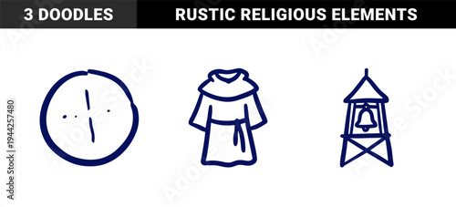 Monastic life and spiritual routine elements in a rustic naive marker sketch style with bell tower, hooded monk robe, and simple wall clock.