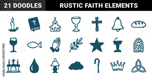 Christian religious symbols and church elements for spiritual branding. Naive marker sketches featuring rustic faith and worship motifs.