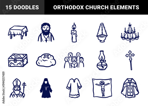 Orthodox liturgical objects and clergy for religious storytelling. Rustic navy blue marker sketch featuring priest, nun, candle, and censer items.