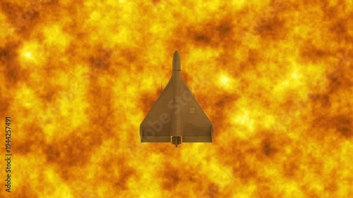 Wallpaper Mural Top Down Abstract View of Shahed 136 Kamikaze Drone Flying Above Intense Fire Below. 3d animation. UAV Unmanned Aerial Vehicle. Modern Technology Warfare in the Air. Combat Aircraft. Torontodigital.ca