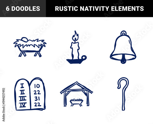 Biblical and nativity elements for religious storytelling. Rustic blue hand-drawn marker sketch illustrations of shepherd staff, manger, and bell.