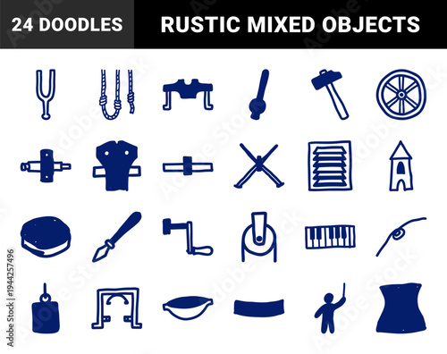 Rustic hand-drawn industrial and musical elements for creative branding. Naive marker sketch illustrations featuring tools, pulleys, and instruments.