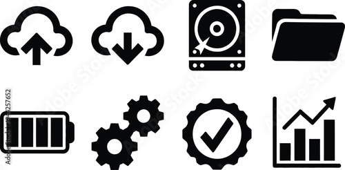 Technology and system icons set, cloud upload download storage folder battery gear settings analytics chart vector interface symbols