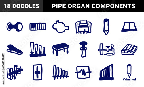 Hand-drawn pipe organ and musical instrument elements for church music branding. Crude marker sketch doodles featuring piano keys and organ pipes.