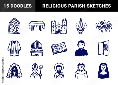 Catholic liturgy and religious figures for spiritual branding. Naive marker doodles featuring priest, nun, cathedral, and sacred parish elements.
