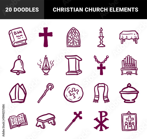 Christian worship symbols for spiritual branding. Rustic purple marker sketch illustrations featuring liturgical church and catholic items.