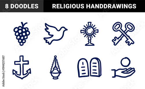 Christian religious symbols in a naive doodle style for spiritual branding and church education. Rustic marker sketch illustrations featuring dove and monstrance.