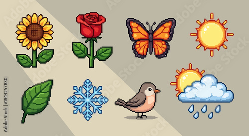 Pixel art nature elements sunflower rose butterfly bird sun cloud snowflake