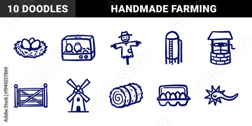 Rustic hand-drawn farm and agriculture elements for organic branding. Naive marker sketch illustrations of poultry and rural life concepts.