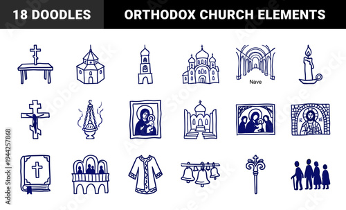 Orthodox Christian church and liturgical elements for religious branding. Naive blue marker sketch featuring cathedrals and sacred symbols.