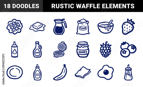 Hand-drawn breakfast waffle ingredients and cooking tools for rustic kitchen branding. Naive blue marker doodle illustrations featuring morning meal concepts.