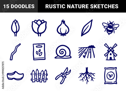 Rustic hand-drawn gardening and Dutch heritage elements for organic brand identity. Naive marker sketches of tulips, windmill and tools.