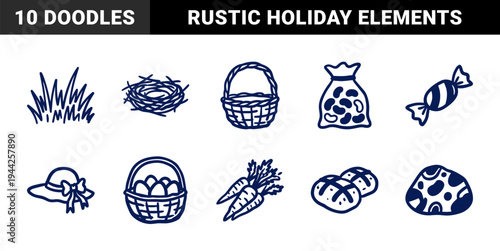 Rustic hand-drawn Easter and spring holiday elements for organic branding. Naive marker sketches featuring baskets, eggs, carrots, and nests.