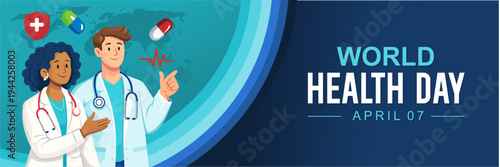 World Health Day 2026 concept with a world map and medical personnel. Ideas for global health campaigns, maternal awareness, hospital posters, GO promotions, and social media.