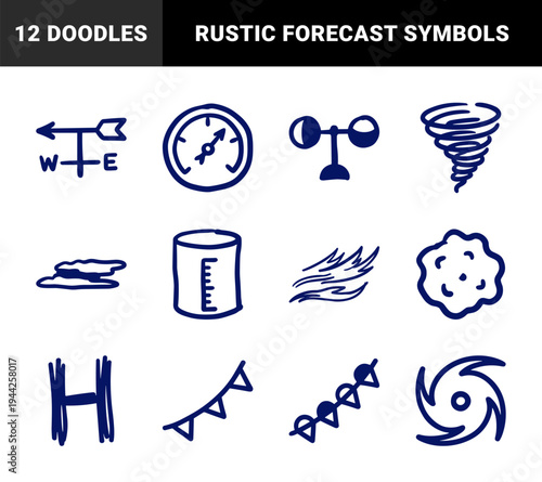 Weather forecasting symbols in a naive marker doodle style for educational and scientific media. Rustic hand-drawn navy blue atmospheric climate elements.