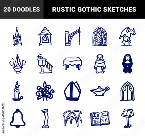 Medieval gothic architecture and religious elements for historical branding. Rustic naive marker sketches featuring cathedral and monk concepts.