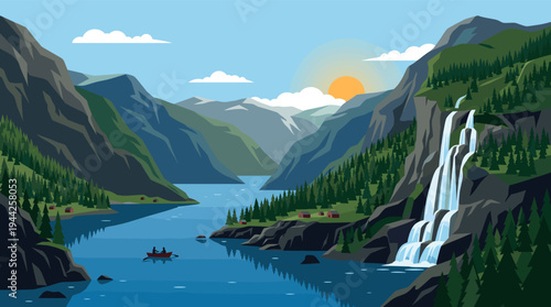 A serene, stylized illustration of a red rowboat with two people paddling across a tranquil, blue lake surrounded by majestic mountains and a cascading waterfall during sunset.