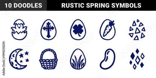 Hand-drawn Easter elements for seasonal branding. Rustic naive marker sketches featuring festive eggs, spring chick, and holiday symbols.