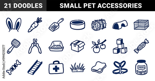 Rabbit care and small pet supplies in a naive hand-drawn doodle style. Rustic marker sketch illustrations of grooming, feeding, and habitat tools.