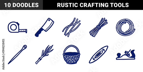 Hand-drawn utility and craft elements for creative branding. Naive blue doodle illustrations of woodworking tools, kitchen gear, and outdoor equipment.