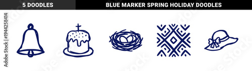 Orthodox Easter celebration elements and Slavic folk motifs in a naive hand-drawn style. Rustic blue ink sketches of kulich cake, nest, and bell.