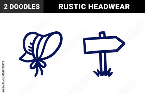 Rustic hand-drawn prairie bonnet and directional signpost for heritage branding. Naive marker sketch illustrations of countryside travel.