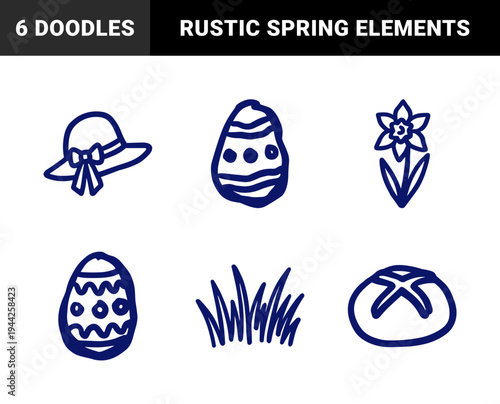 Hand-drawn Easter and Spring elements for festive branding. Naive marker sketch with decorated eggs, daffodil flowers, and holiday treats.