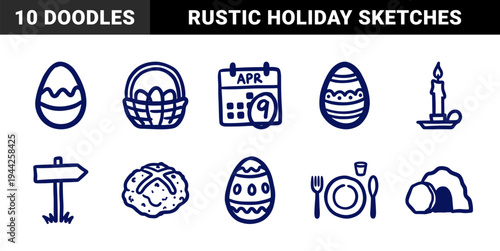 Easter holiday elements including hot cross bun and empty tomb. Naive marker doodle sketches with chunky hand-drawn rustic religious motifs.