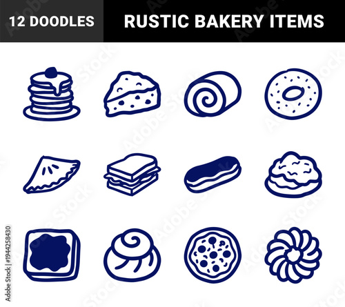 Hand-drawn bakery and snack doodles for organic cafe branding. Rustic, naive marker sketch illustrations featuring desserts and pastries.