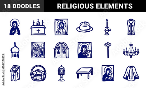 Eastern Orthodox religious elements for spiritual design. Naive marker sketch featuring icons, church architecture and vestments in a crude doodle style.